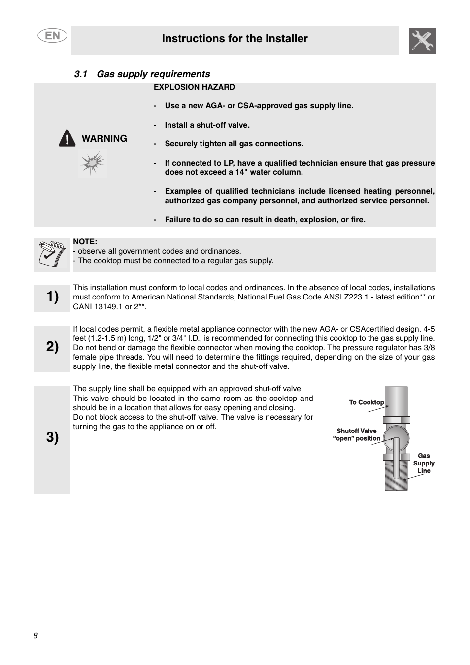 1 gas supply requirements, 1 ga, Instructions for the installer | Smeg PU64 User Manual | Page 6 / 15