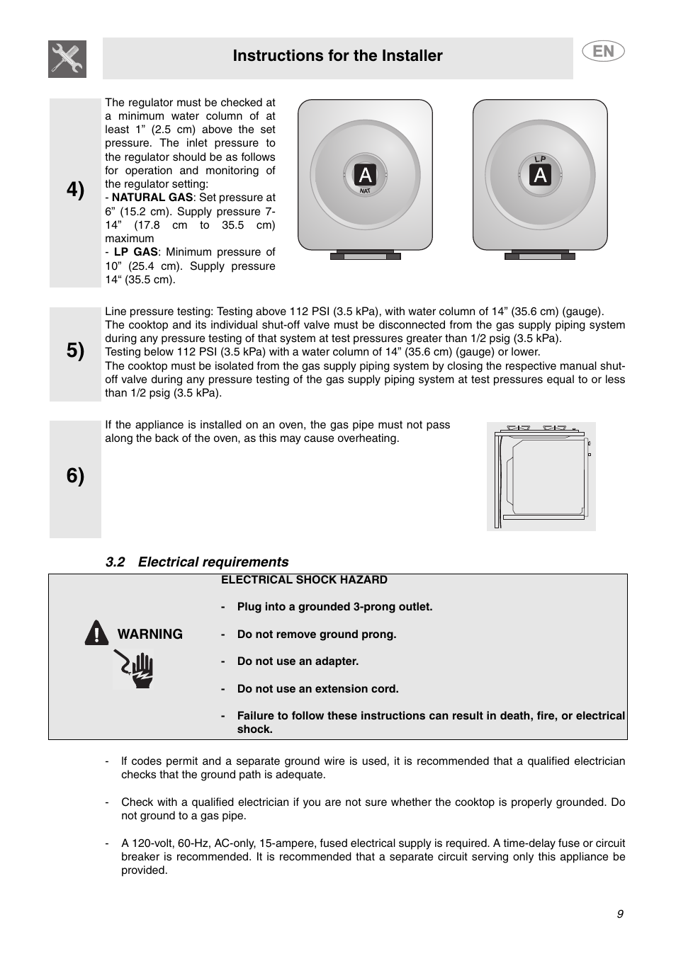 2 electrical requirements, Instructions for the installer | Smeg PU64 User Manual | Page 7 / 15