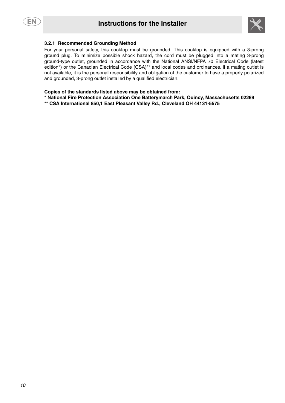 1 recommended grounding method, Instructions for the installer | Smeg PU64 User Manual | Page 8 / 15