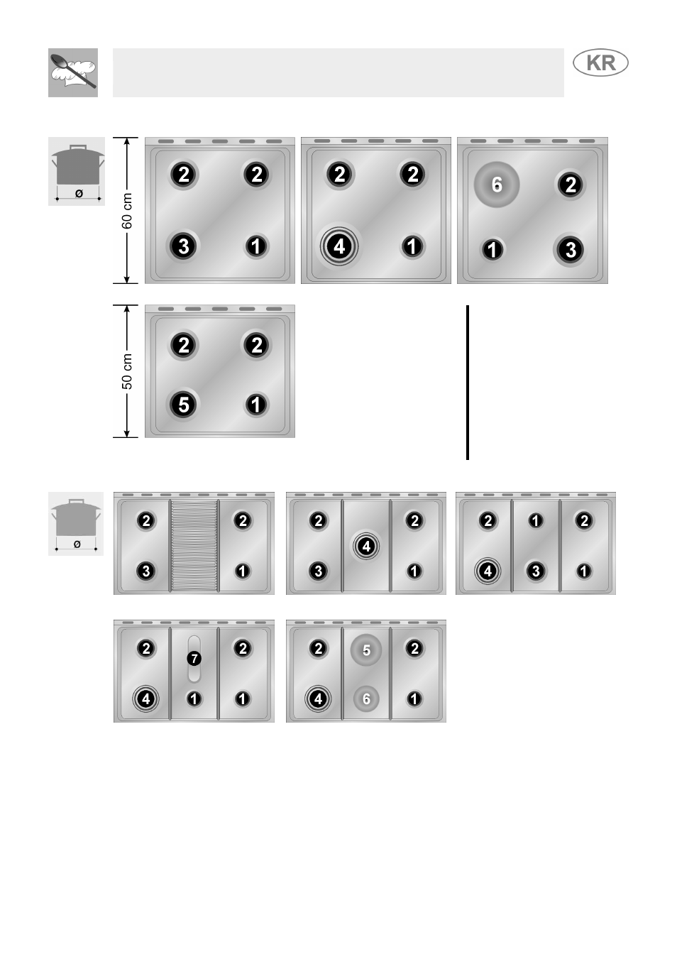 Diameter of containers (60 cm. models), Diameter of containers (90 cm. models), Instruction for the user | 3 diameter of containers (60 cm. models), 4 diameter of containers (90 cm. models) | Smeg JGFC34SKB User Manual | Page 19 / 32