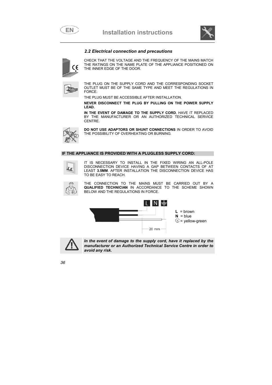 Installation instructions | Smeg LSA653E User Manual | Page 20 / 39