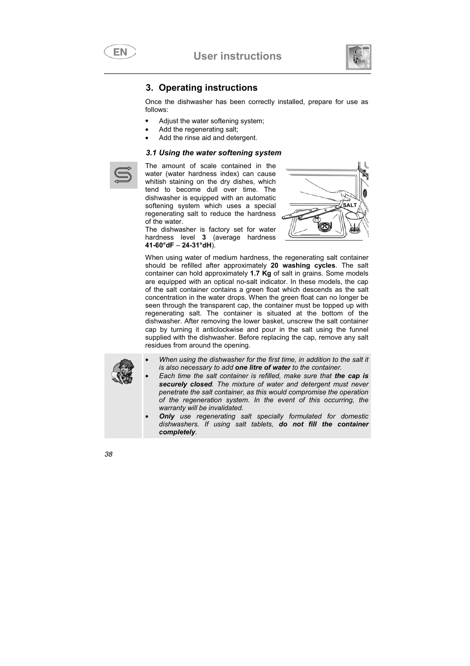 User instructions, Operating instructions | Smeg LSA653E User Manual | Page 22 / 39