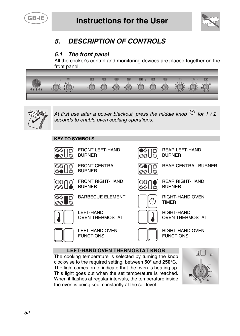 Description of controls, 1 the front panel, Instructions for the user | The front panel, Left-hand oven thermostat knob | Smeg CS122-6 User Manual | Page 10 / 37