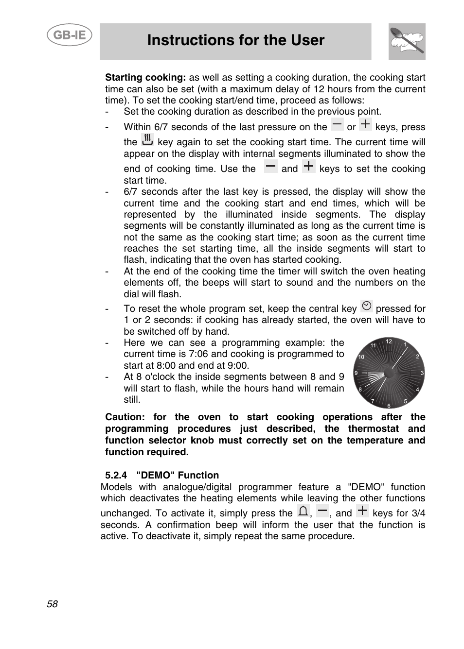 4 "demo" function, Instructions for the user | Smeg CS122-6 User Manual | Page 16 / 37