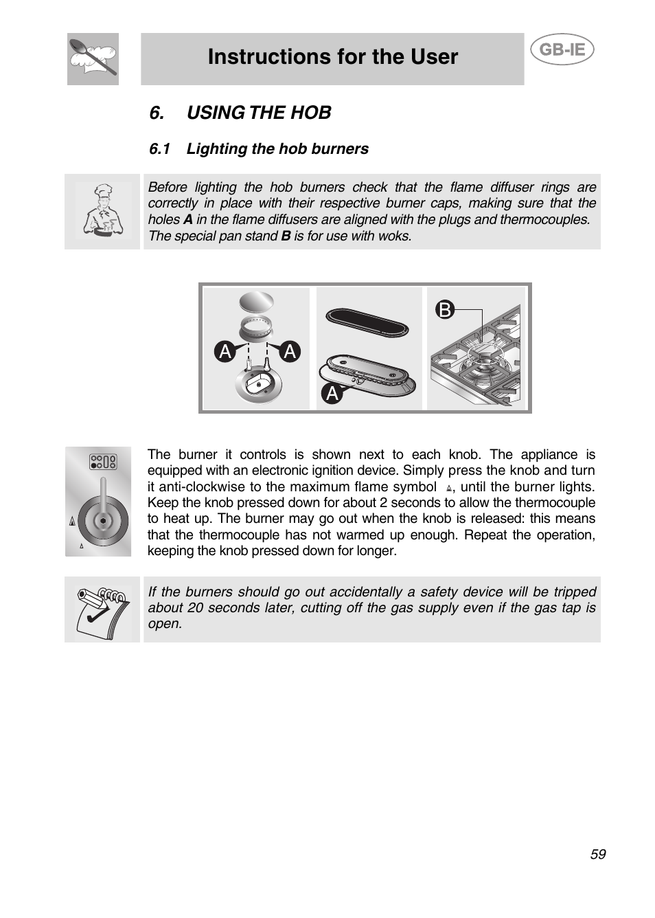 Using the hob, 1 lighting the hob burners, Instructions for the user | Lighting the hob burners | Smeg CS122-6 User Manual | Page 17 / 37