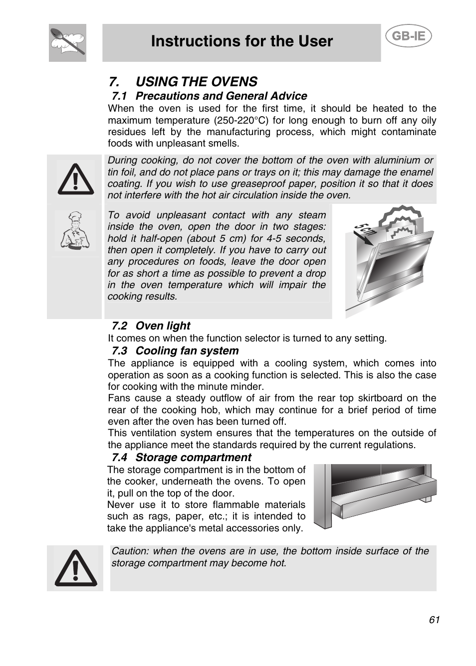 Using the ovens, 1 precautions and general advice, 2 oven light | 3 cooling fan system, 4 storage compartment, 5 cm, Instructions for the user | Smeg CS122-6 User Manual | Page 19 / 37