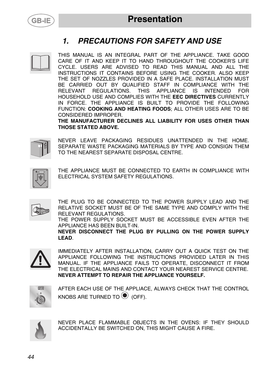 Precautions for safety and use, Presentation | Smeg CS122-6 User Manual | Page 2 / 37