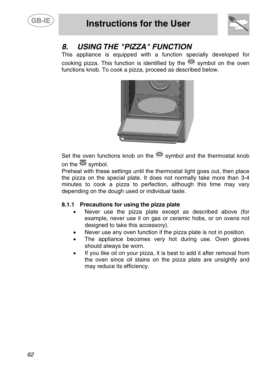 Using the "pizza" function, 1 precautions for using the pizza plate, Instructions for the user | Smeg CS122-6 User Manual | Page 20 / 37