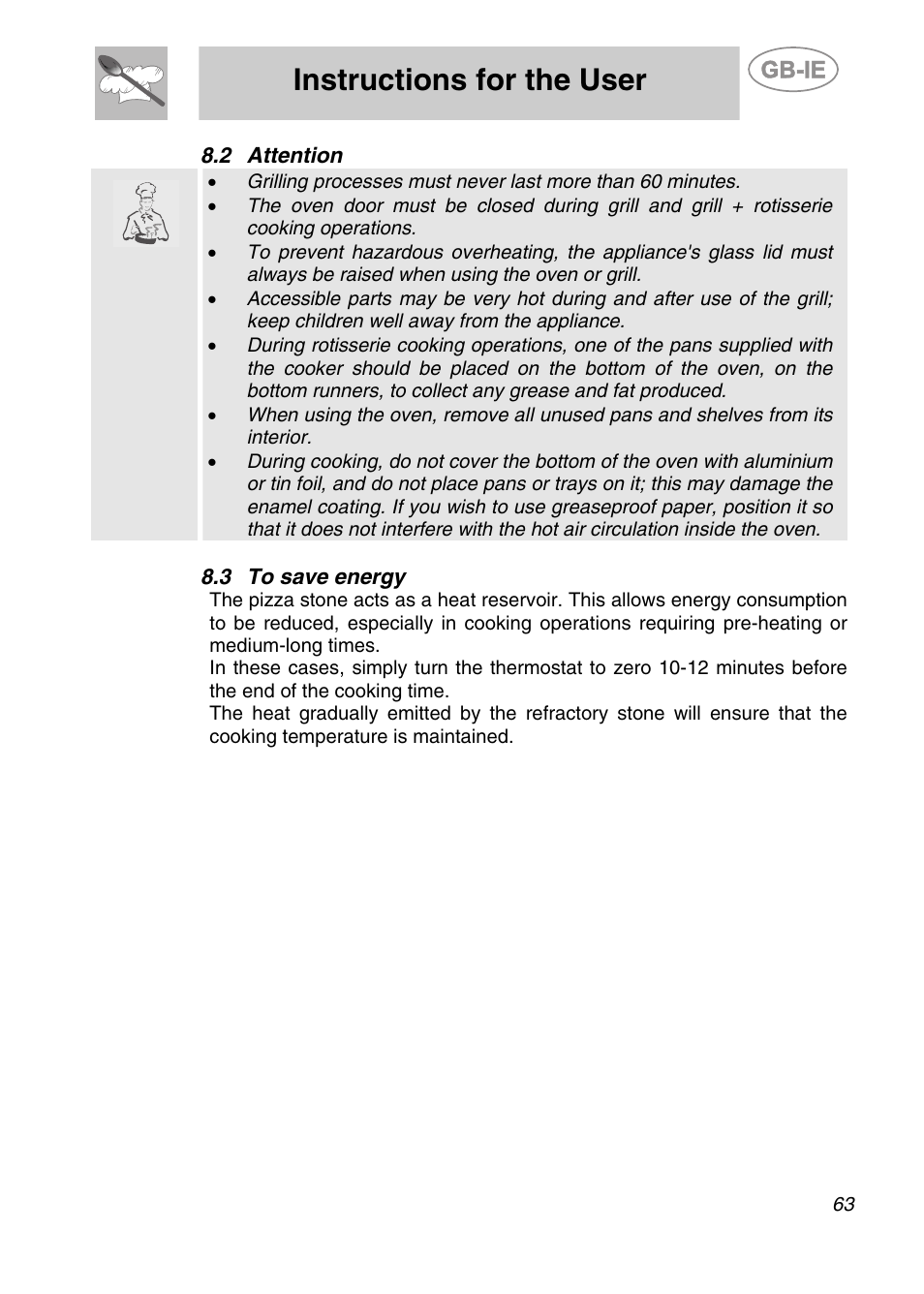 Attention, 3 to save energy, Instructions for the user | Smeg CS122-6 User Manual | Page 21 / 37
