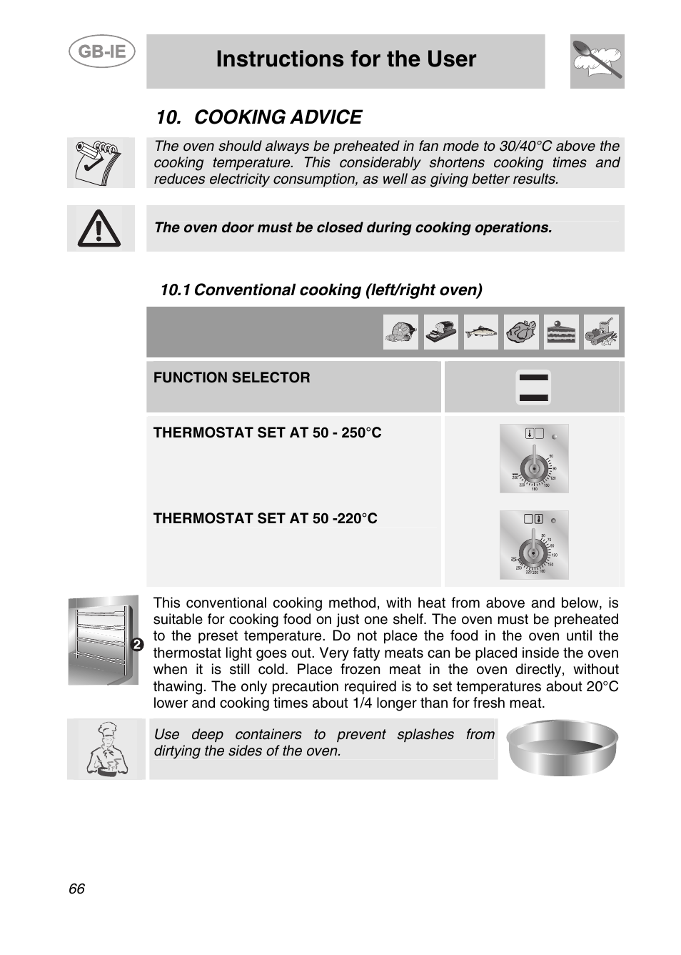 Cooking advice, 1 conventional cooking (left/right oven), Instructions for the user | Smeg CS122-6 User Manual | Page 24 / 37