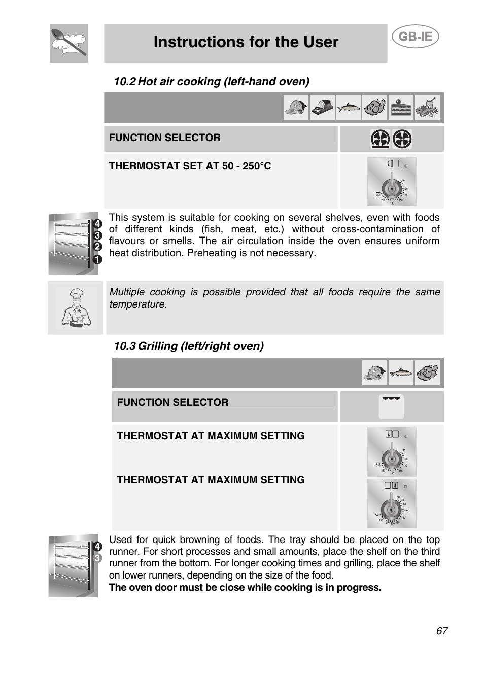 2 hot air cooking (left-hand oven), 3 grilling (left/right oven), Instructions for the user | Function selector, Thermostat at maximum setting | Smeg CS122-6 User Manual | Page 25 / 37