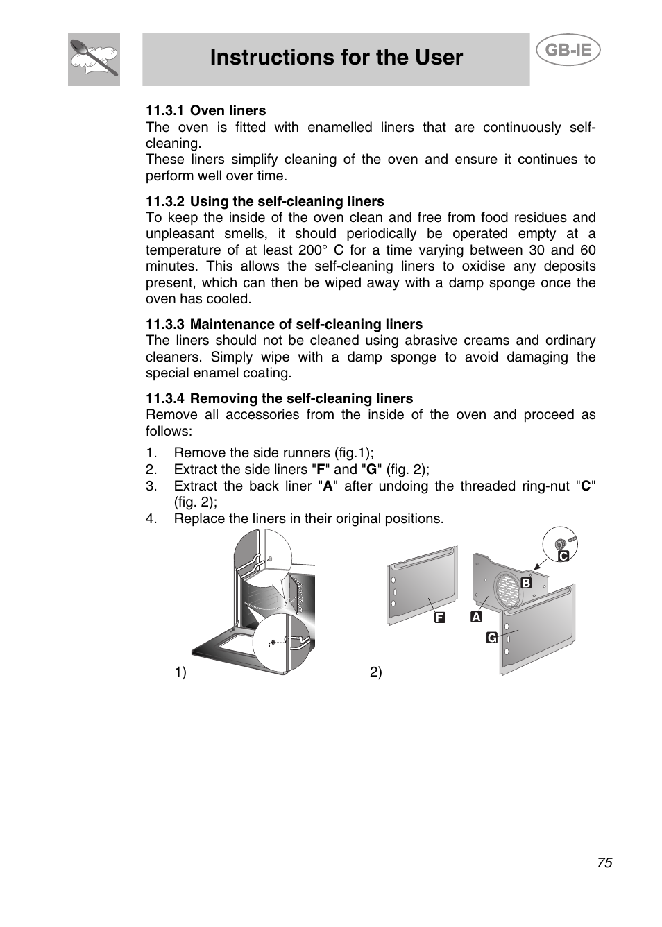 1 oven liners, 2 using the self-cleaning liners, 3 maintenance of self-cleaning liners | 4 removing the self-cleaning liners, Instructions for the user | Smeg CS122-6 User Manual | Page 33 / 37