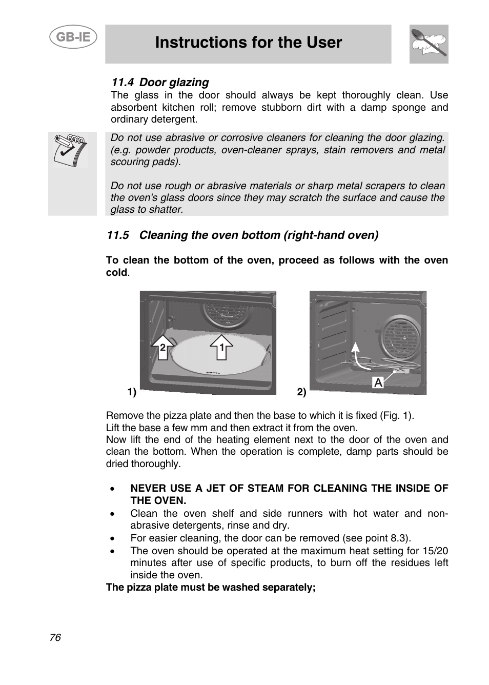 4 door glazing, 5 cleaning the oven bottom (right-hand oven), Instructions for the user | Smeg CS122-6 User Manual | Page 34 / 37