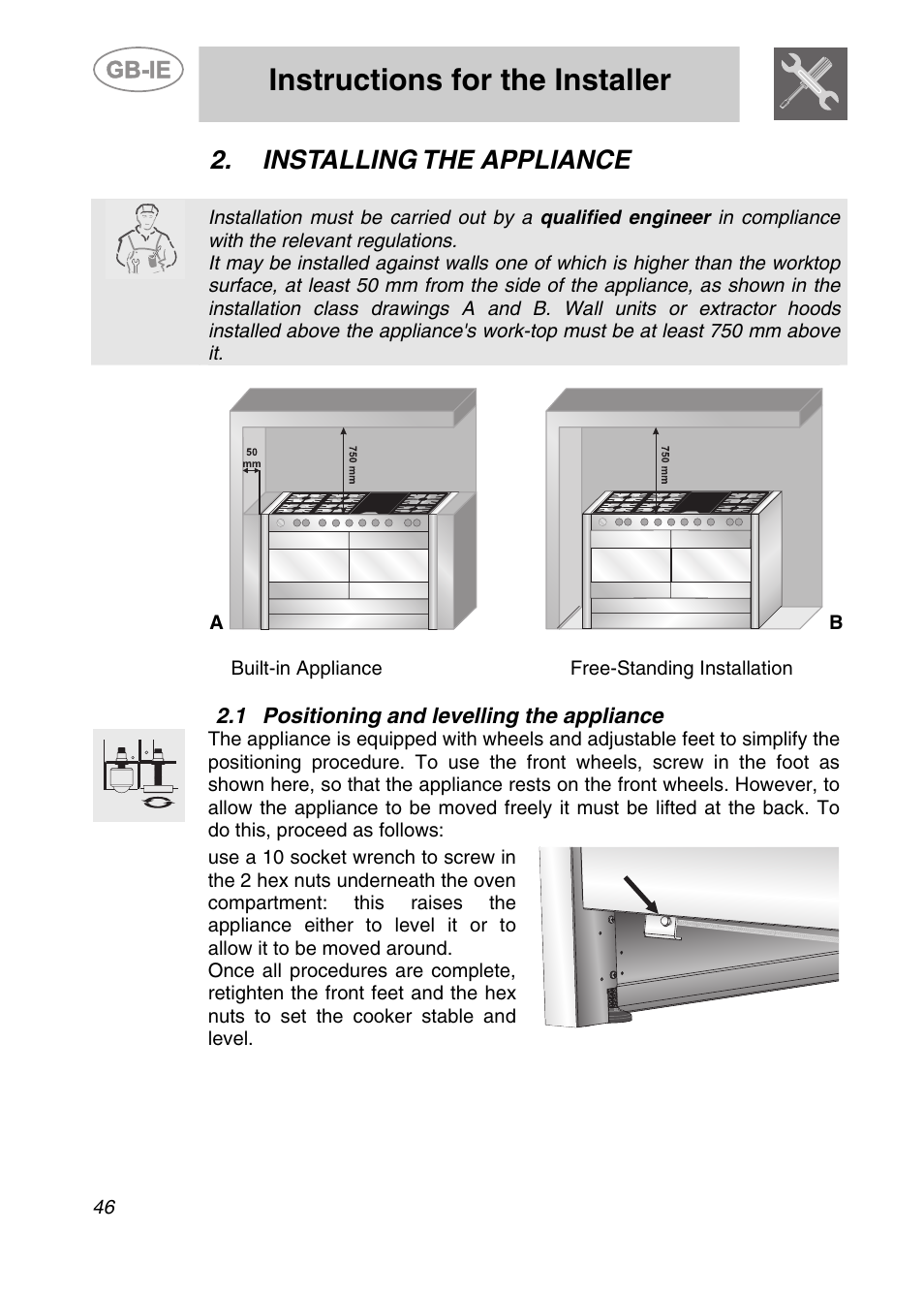 Installing the appliance, 1 positioning and levelling the appliance, Instructions for the installer | Smeg CS122-6 User Manual | Page 4 / 37