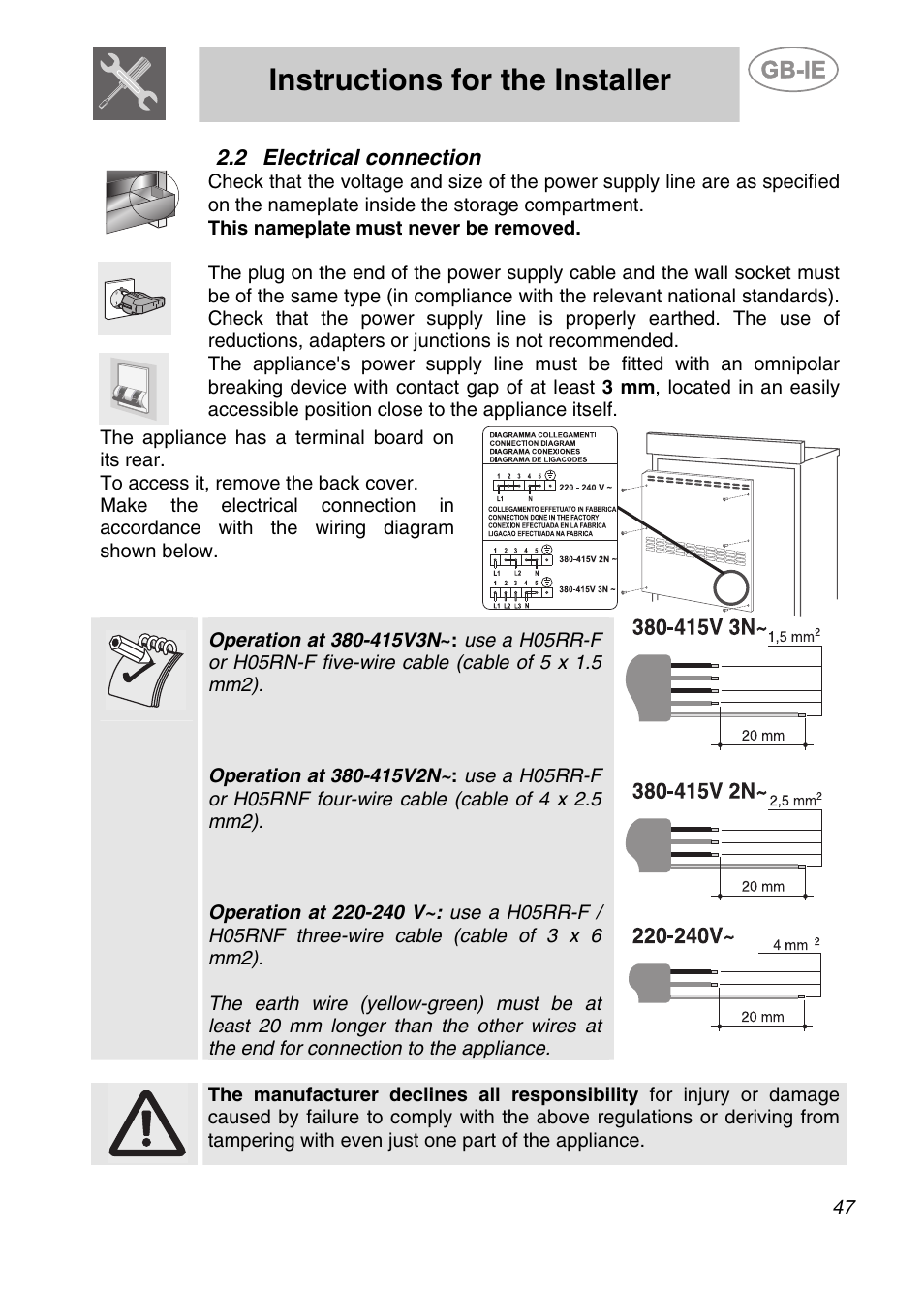 Electrical connection, Instructions for the installer | Smeg CS122-6 User Manual | Page 5 / 37
