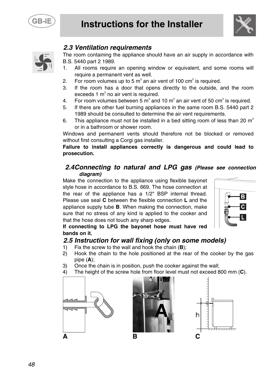 Ventilation requirements, Instructions for the installer, 3 ventilation requirements | Connecting to natural and lpg gas, A b c | Smeg CS122-6 User Manual | Page 6 / 37