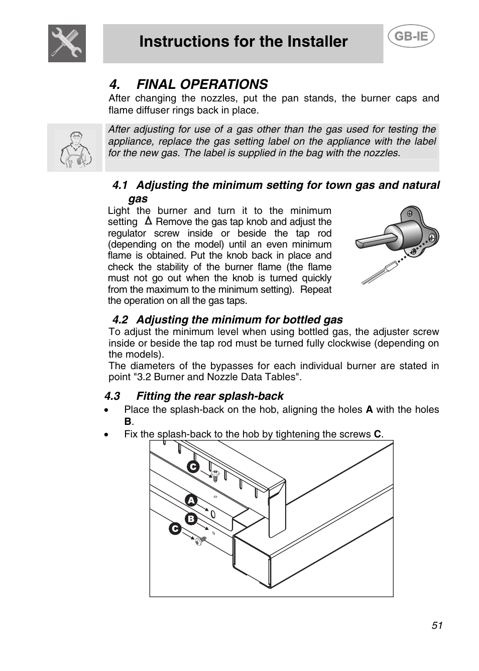 Final operations, 2 adjusting the minimum for bottled gas, Fitting the rear splash-back | Instructions for the installer | Smeg CS122-6 User Manual | Page 9 / 37