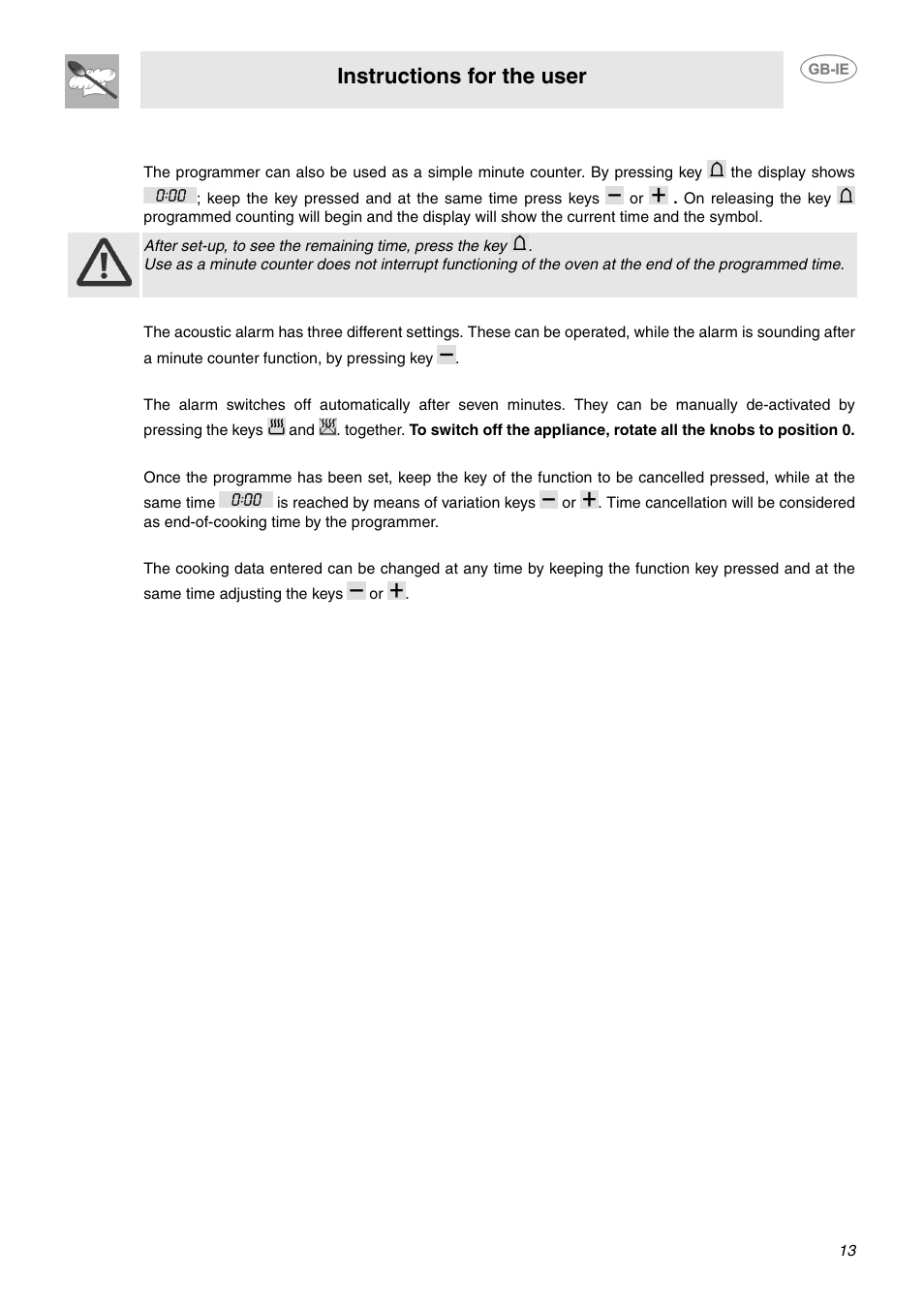 5 minute counter, 6 adjusting alarm volume, 7 switching off the alarm | 8 cancellation of set data, 9 changing the set data, Instructions for the user | Smeg SUK92CMX5 User Manual | Page 11 / 16