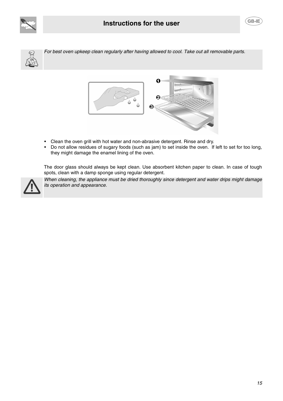5 cleaning of oven, 6 door glass, Instructions for the user | Smeg SUK92CMX5 User Manual | Page 13 / 16