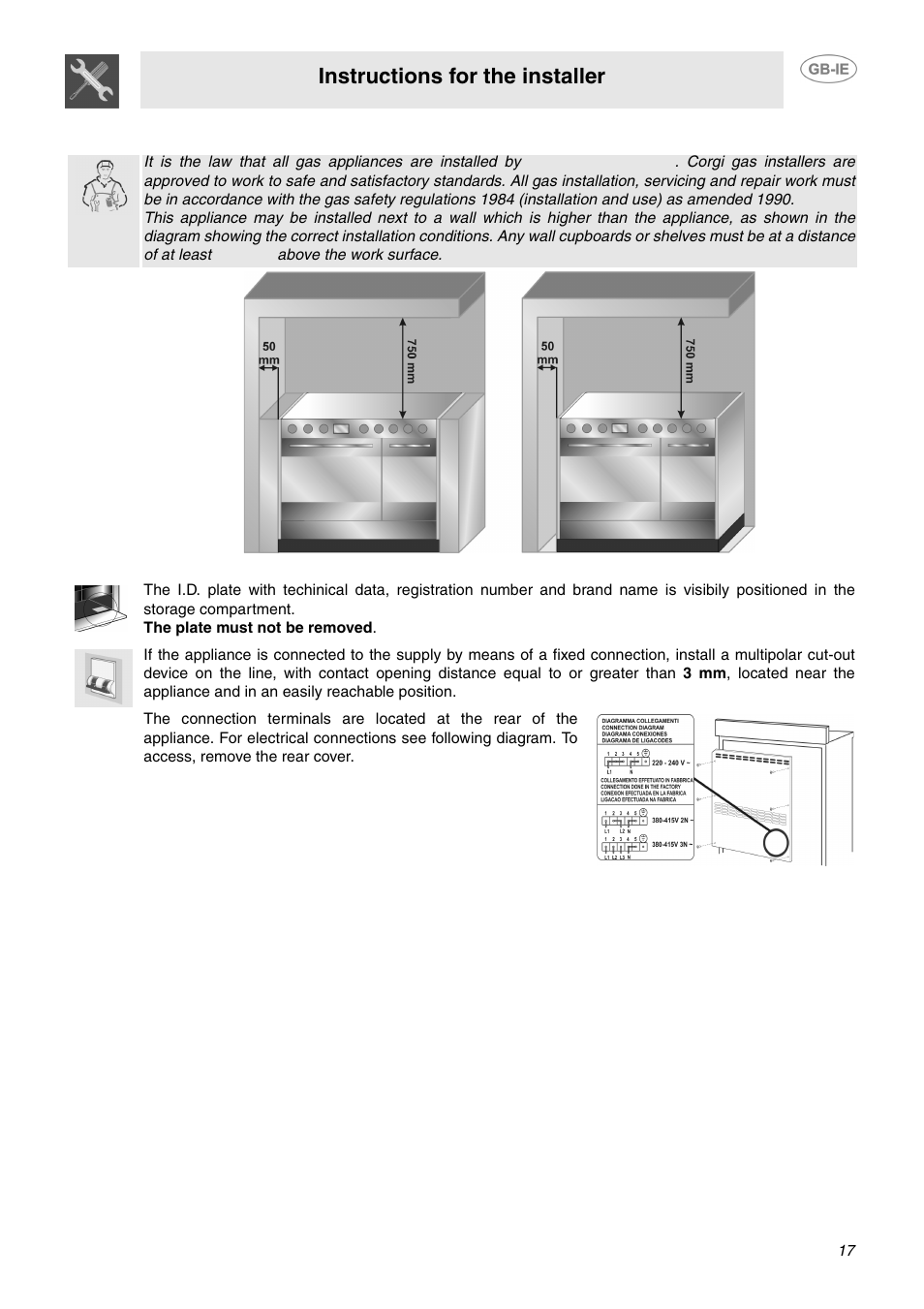 Installation of the appliance, 1 electrical connection, Instructions for the installer | Smeg SUK92CMX5 User Manual | Page 15 / 16