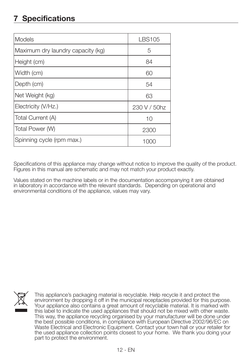7 specifications | Smeg LBS105 User Manual | Page 12 / 12