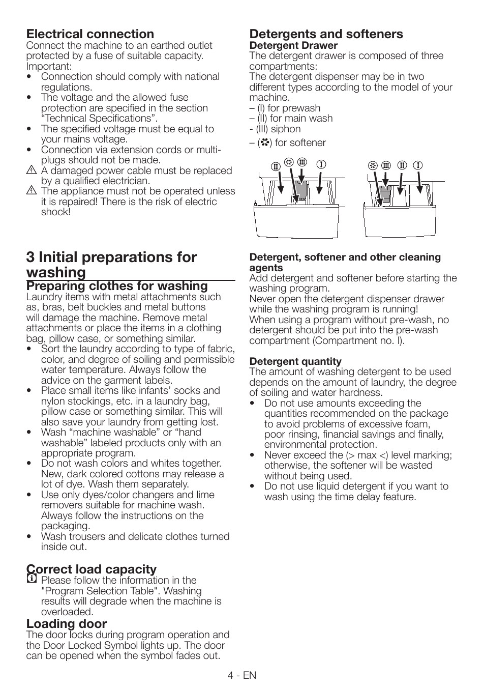 3 initial preparations for washing, Electrical connection, Preparing clothes for washing | Correct load capacity, Loading door, Detergents and softeners | Smeg LBS105 User Manual | Page 4 / 12