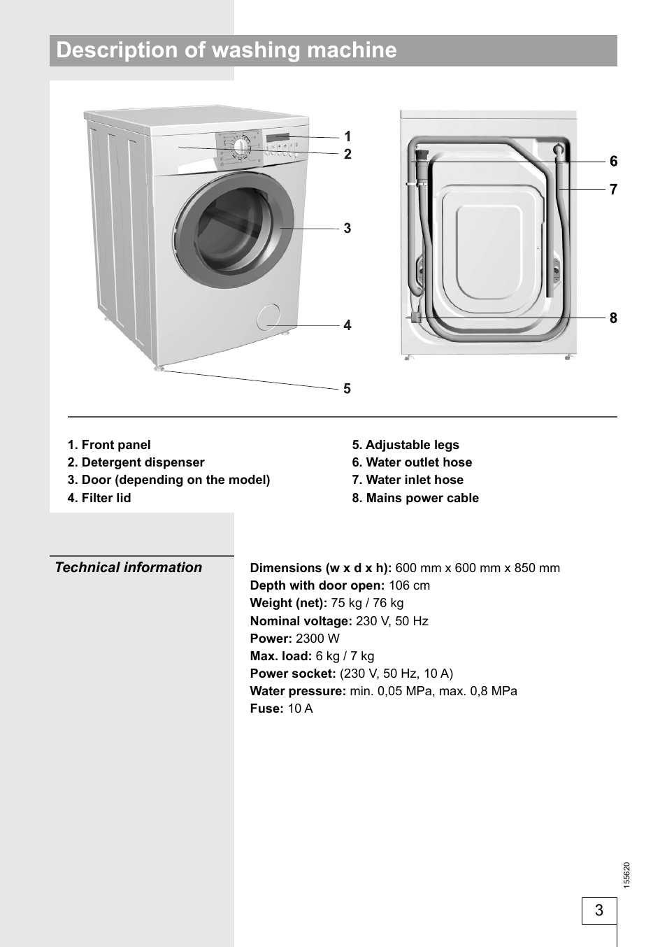 Description of washing machine | Smeg 155620 User Manual | Page 3 / 28