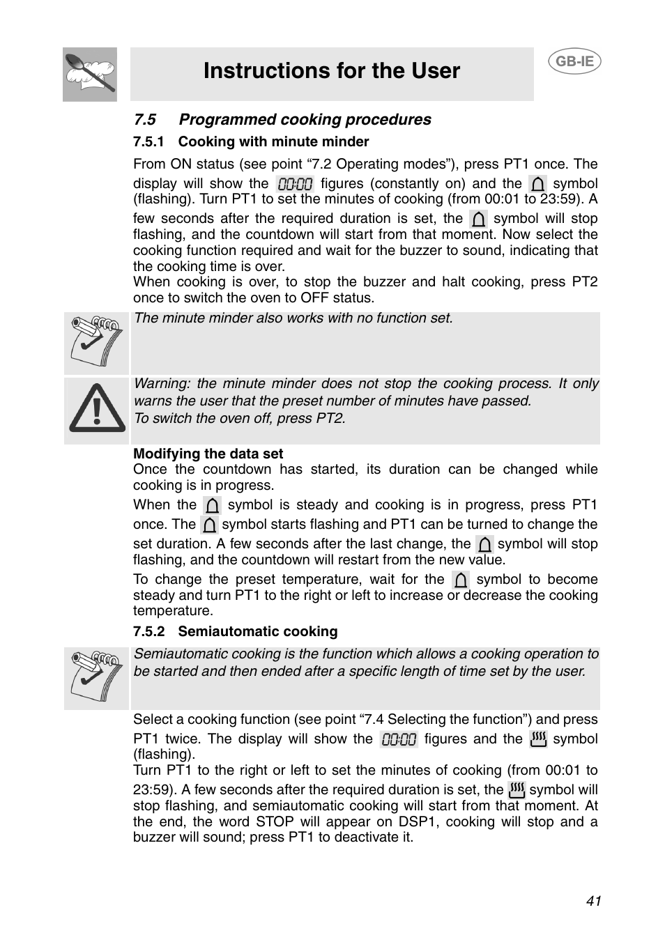 5 programmed cooking procedures, 1 cooking with minute minder, 2 semiautomatic cooking | Programmed cooking procedures, Instructions for the user | Smeg SC110NE User Manual | Page 10 / 29