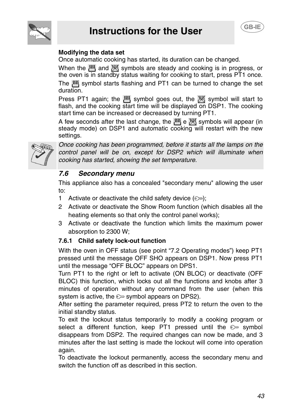 6 secondary menu, 1 child safety lock-out function, 1 child safety | Lock-out function”) an, Instructions for the user | Smeg SC110NE User Manual | Page 12 / 29