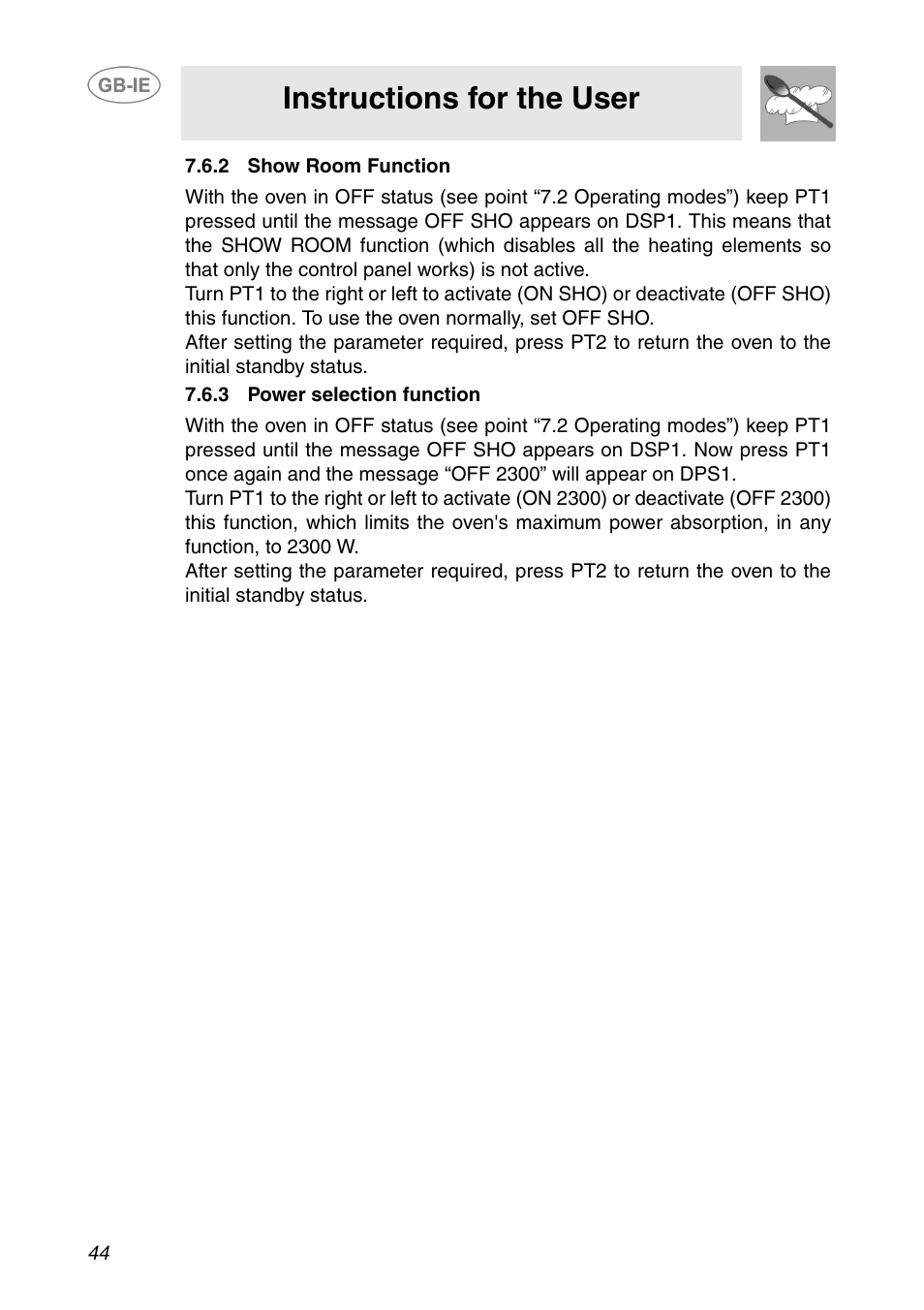 2 show room function, 3 power selection function, Instructions for the user | Smeg SC110NE User Manual | Page 13 / 29