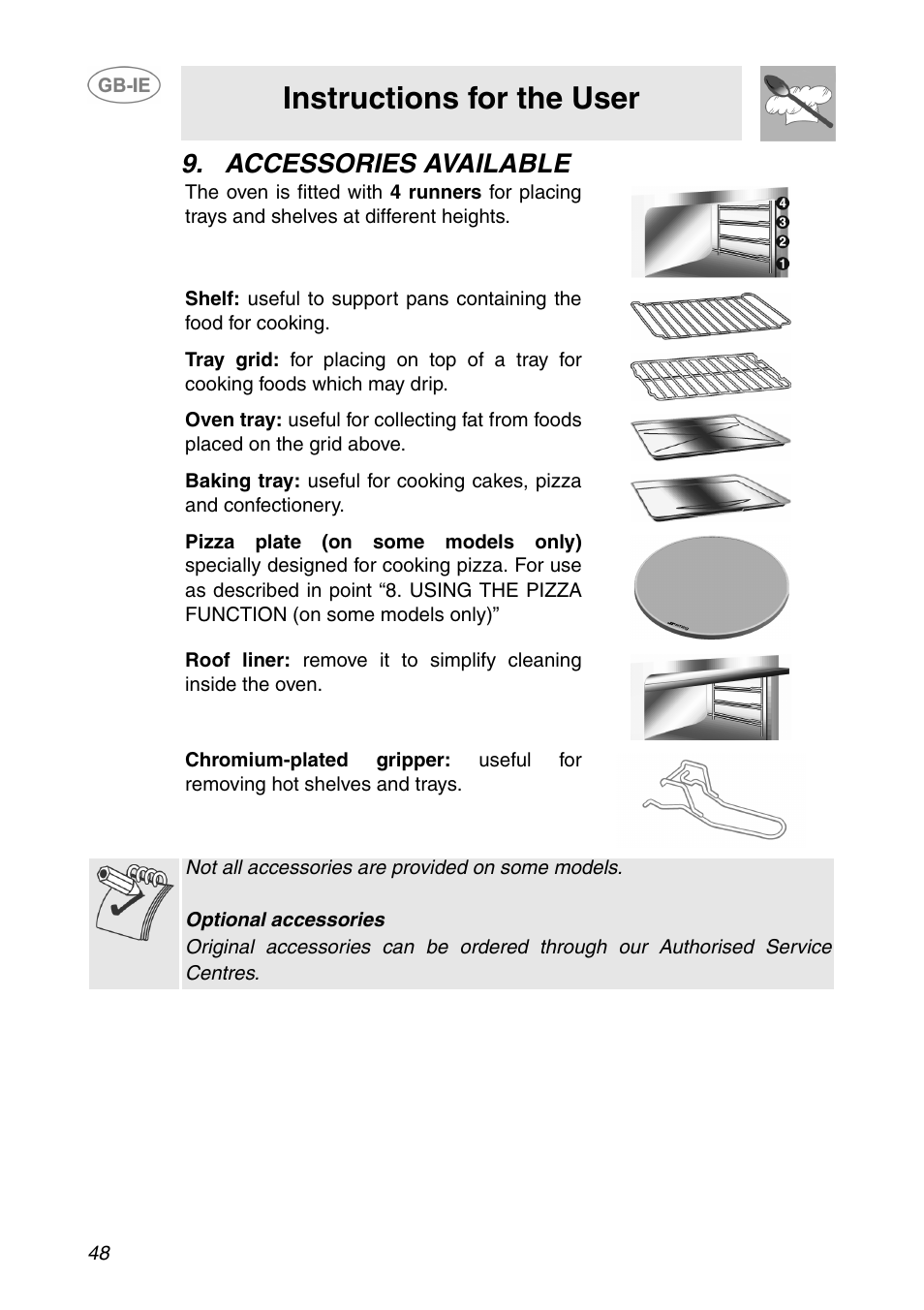 Accessories available, Instructions for the user | Smeg SC110NE User Manual | Page 17 / 29