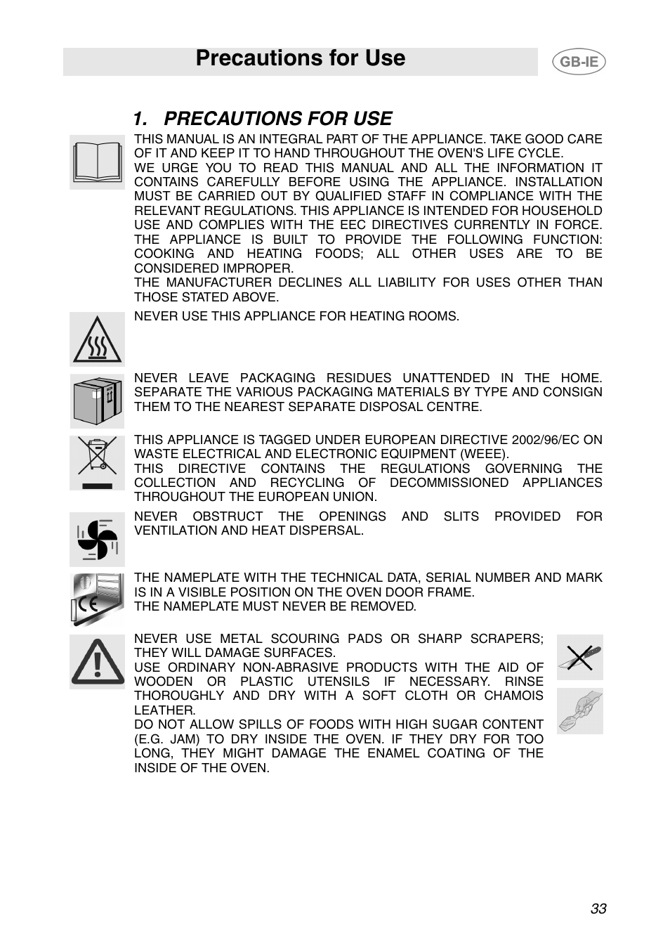 Precautions for use | Smeg SC110NE User Manual | Page 2 / 29