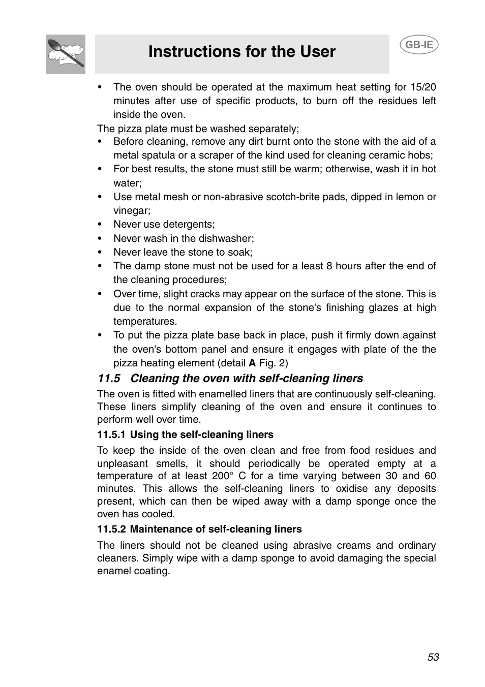 5 cleaning the oven with self-cleaning liners, 1 using the self-cleaning liners, 2 maintenance of self-cleaning liners | Instructions for the user | Smeg SC110NE User Manual | Page 22 / 29