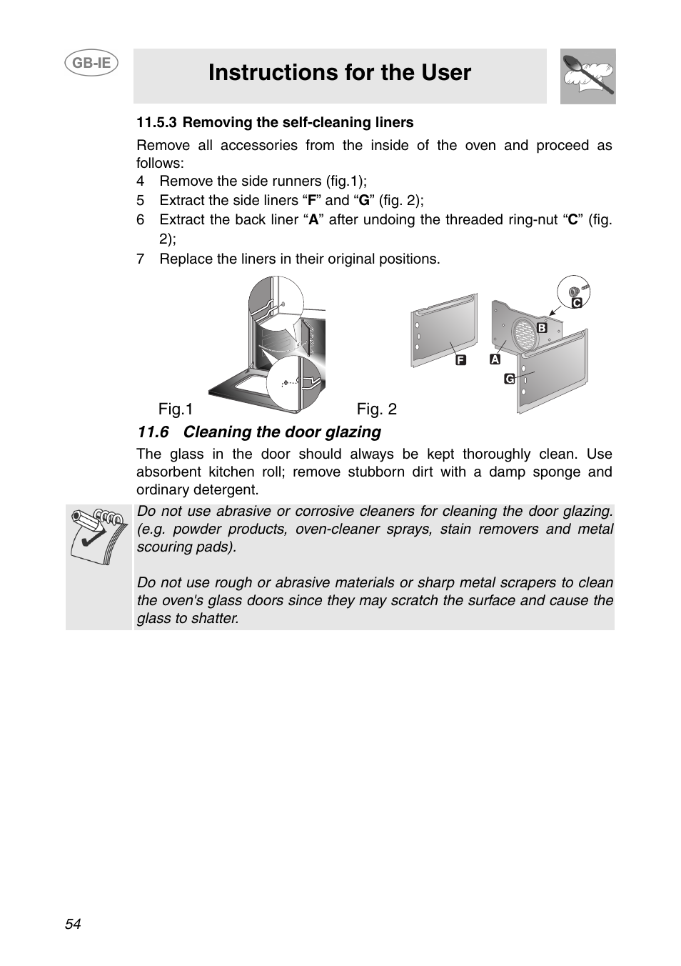 3 removing the self-cleaning liners, 4 remove the side runners (fig.1), 5 extract the side liners “f” and “g” (fig. 2) | 7 replace the liners in their original positions, 6 cleaning the door glazing, Instructions for the user | Smeg SC110NE User Manual | Page 23 / 29