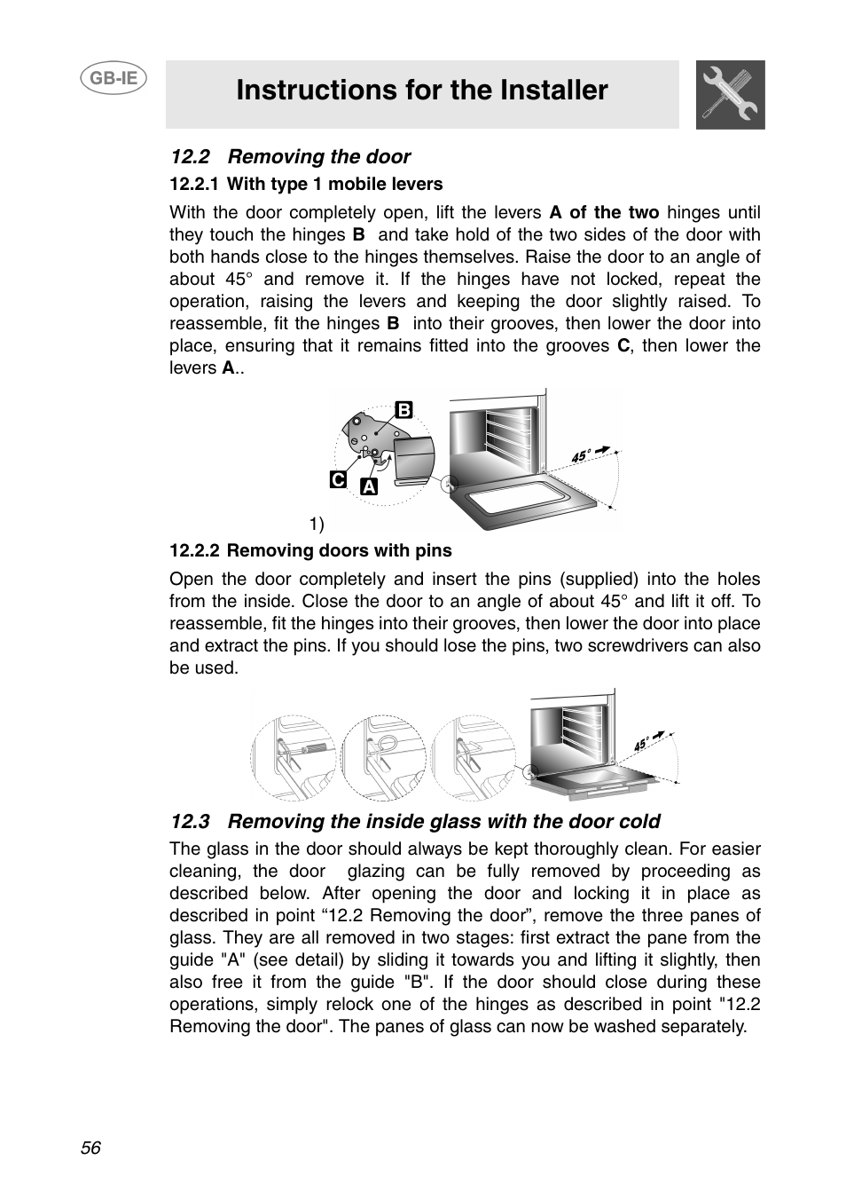 2 removing the door, 1 with type 1 mobile levers, 2 removing doors with pins | 3 removing the inside glass with the door cold, Instructions for the installer | Smeg SC110NE User Manual | Page 25 / 29