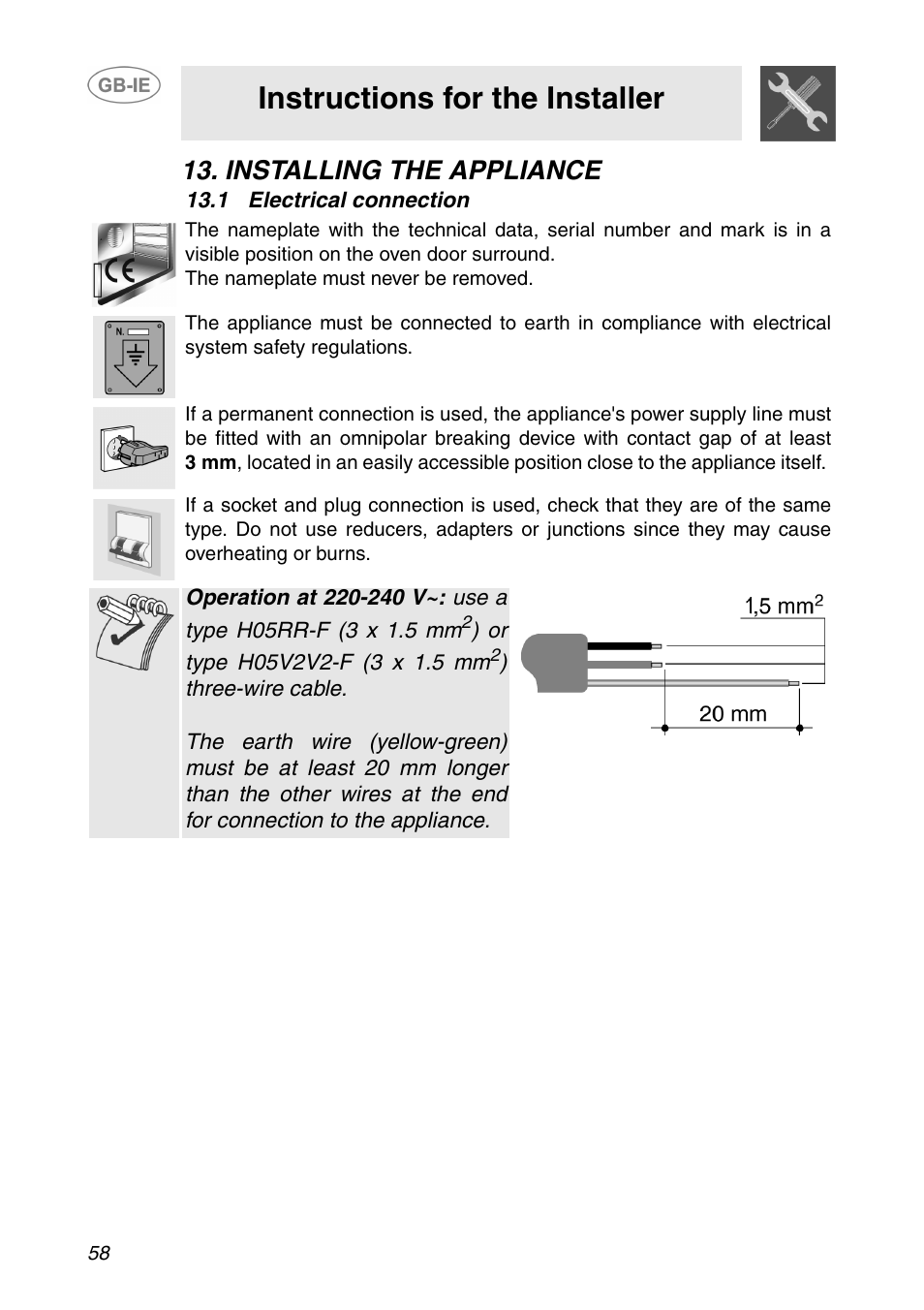 Installing the appliance, 1 electrical connection, Instructions for the installer | Smeg SC110NE User Manual | Page 27 / 29