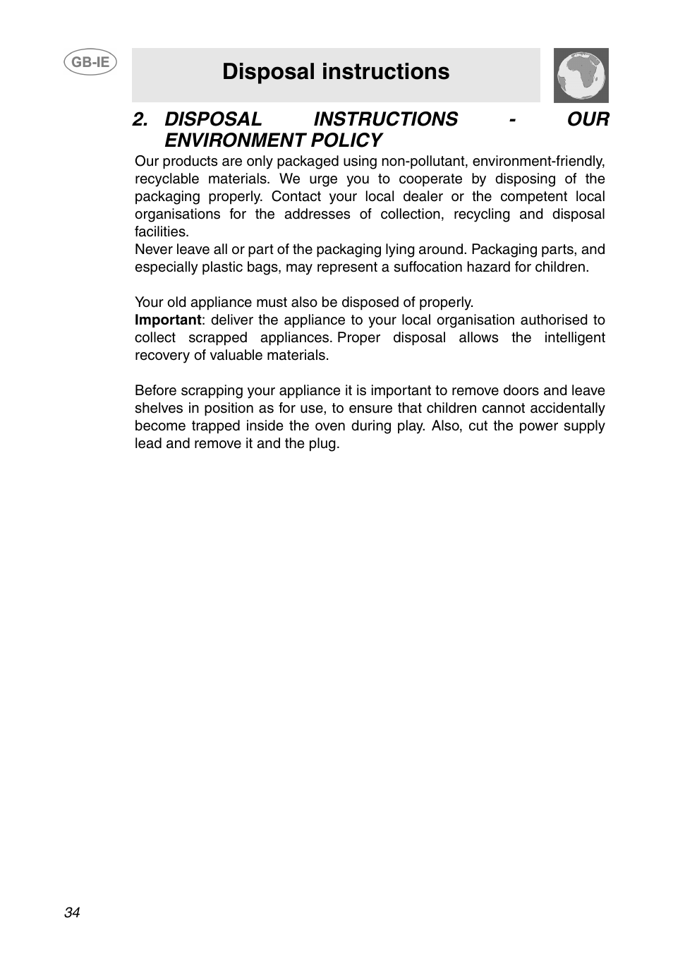 Disposal instructions - our environment policy, Disposal instructions | Smeg SC110NE User Manual | Page 3 / 29