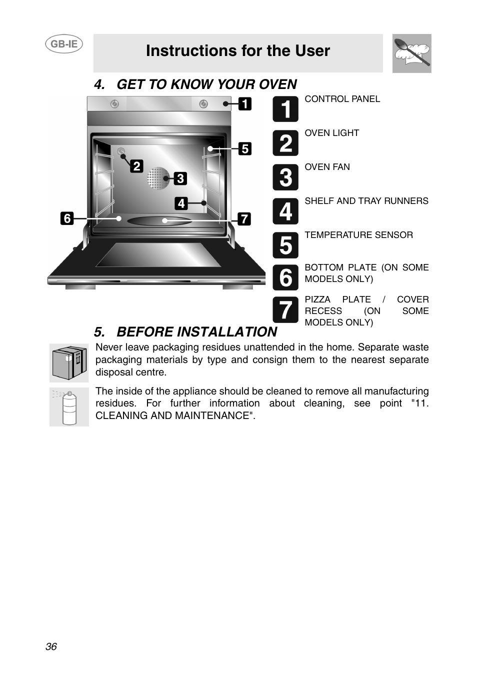 Get to know your oven, Before installation, Instructions for the user | Get to know your oven 5. before installation | Smeg SC110NE User Manual | Page 5 / 29