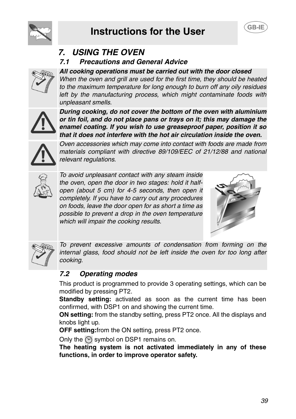Using the oven, 1 precautions and general advice, 2 operating modes | Instructions for the user | Smeg SC110NE User Manual | Page 8 / 29