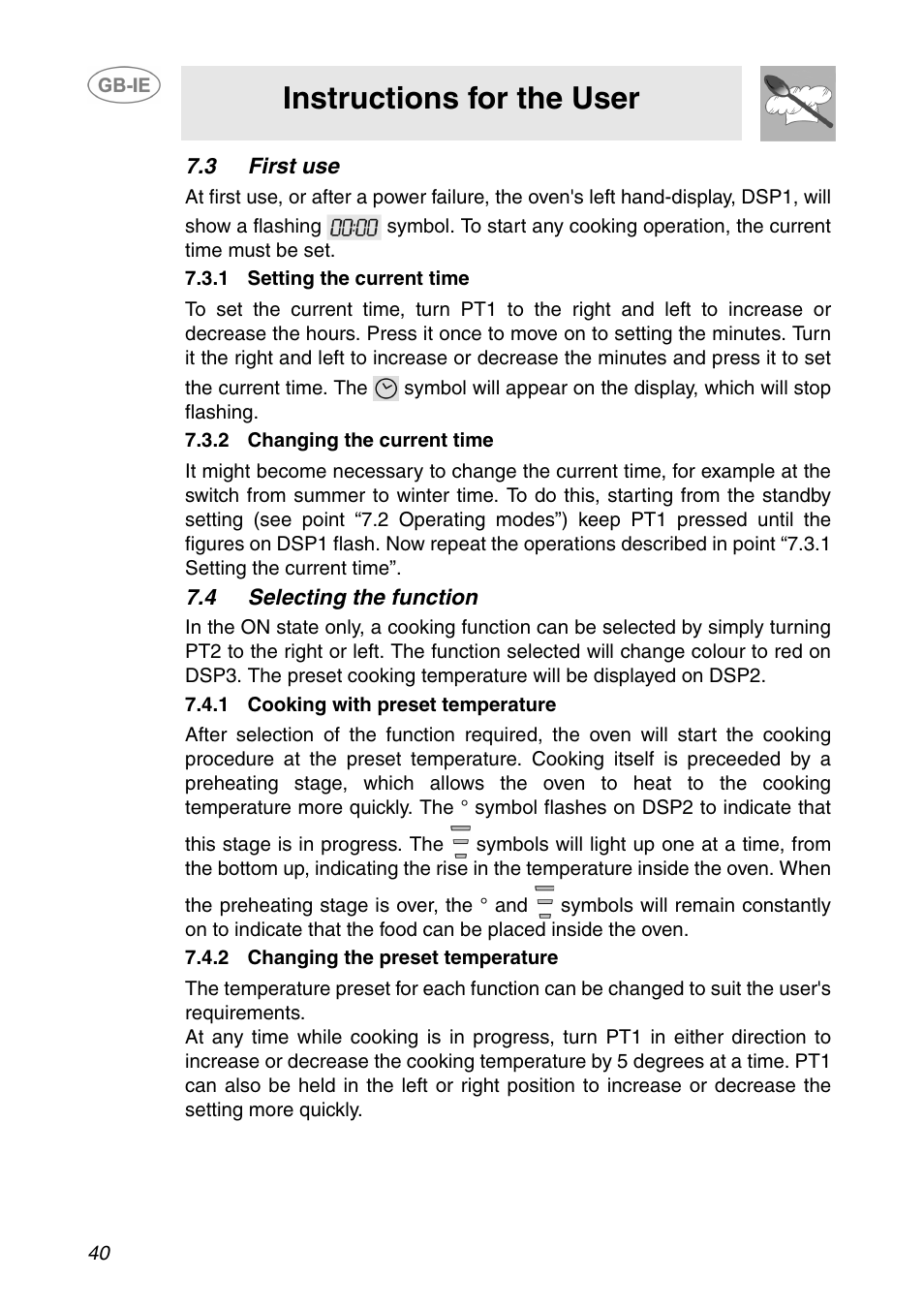 3 first use, 1 setting the current time, 2 changing the current time | 4 selecting the function, 1 cooking with preset temperature, 2 changing the preset temperature, 3 first use” and “7.5, Int “7.4 selecting the, Function”), Instructions for the user | Smeg SC110NE User Manual | Page 9 / 29