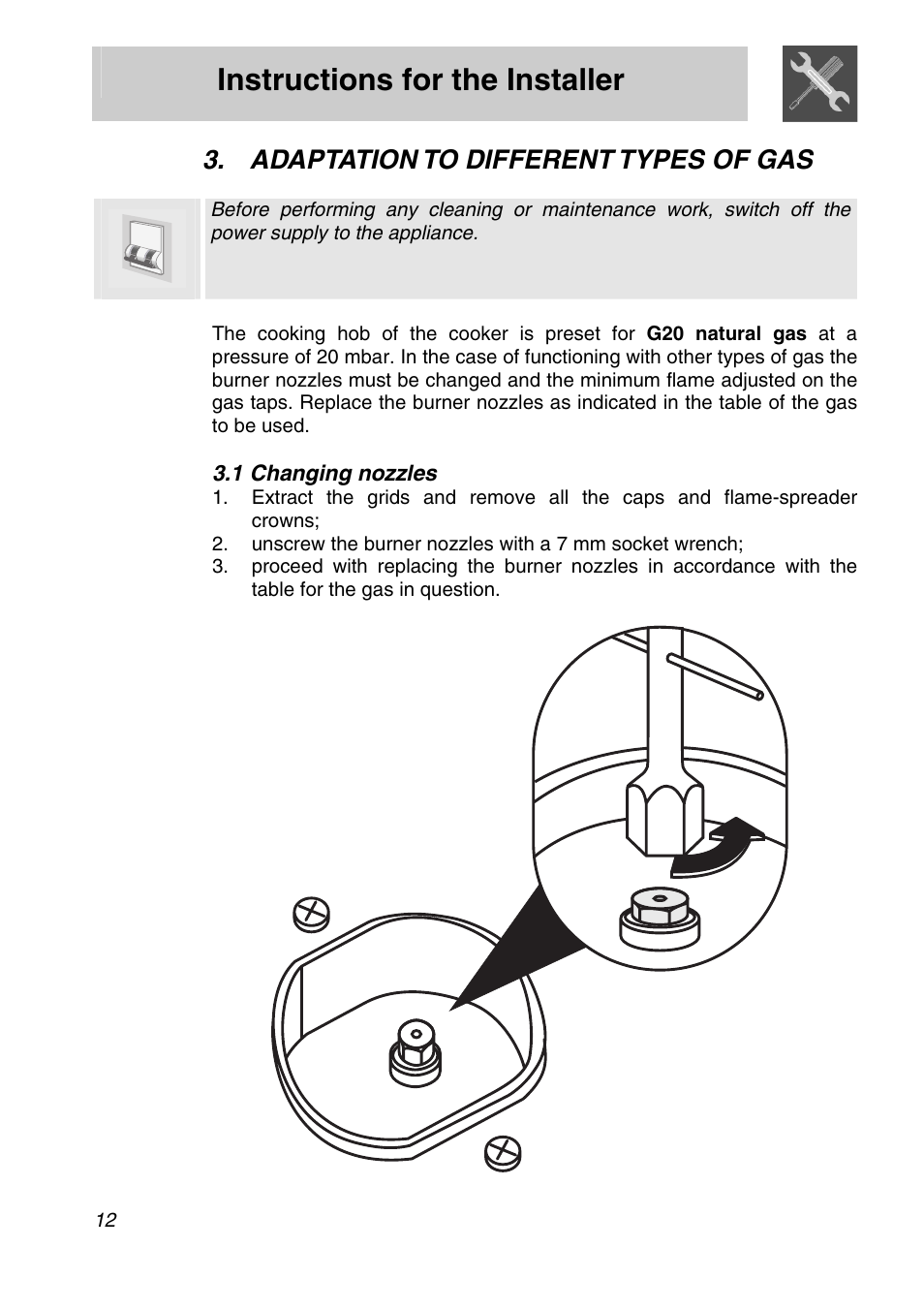 Adaptation to different types of gas, 1 changing nozzles, Instructions for the installer | Smeg Freestanding Cooker CSA150X-6 User Manual | Page 10 / 40
