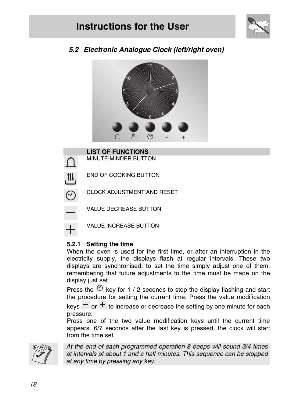 2 electronic analogue clock (left/right oven), 1 setting the time, Instructions for the user | Smeg Freestanding Cooker CSA150X-6 User Manual | Page 16 / 40