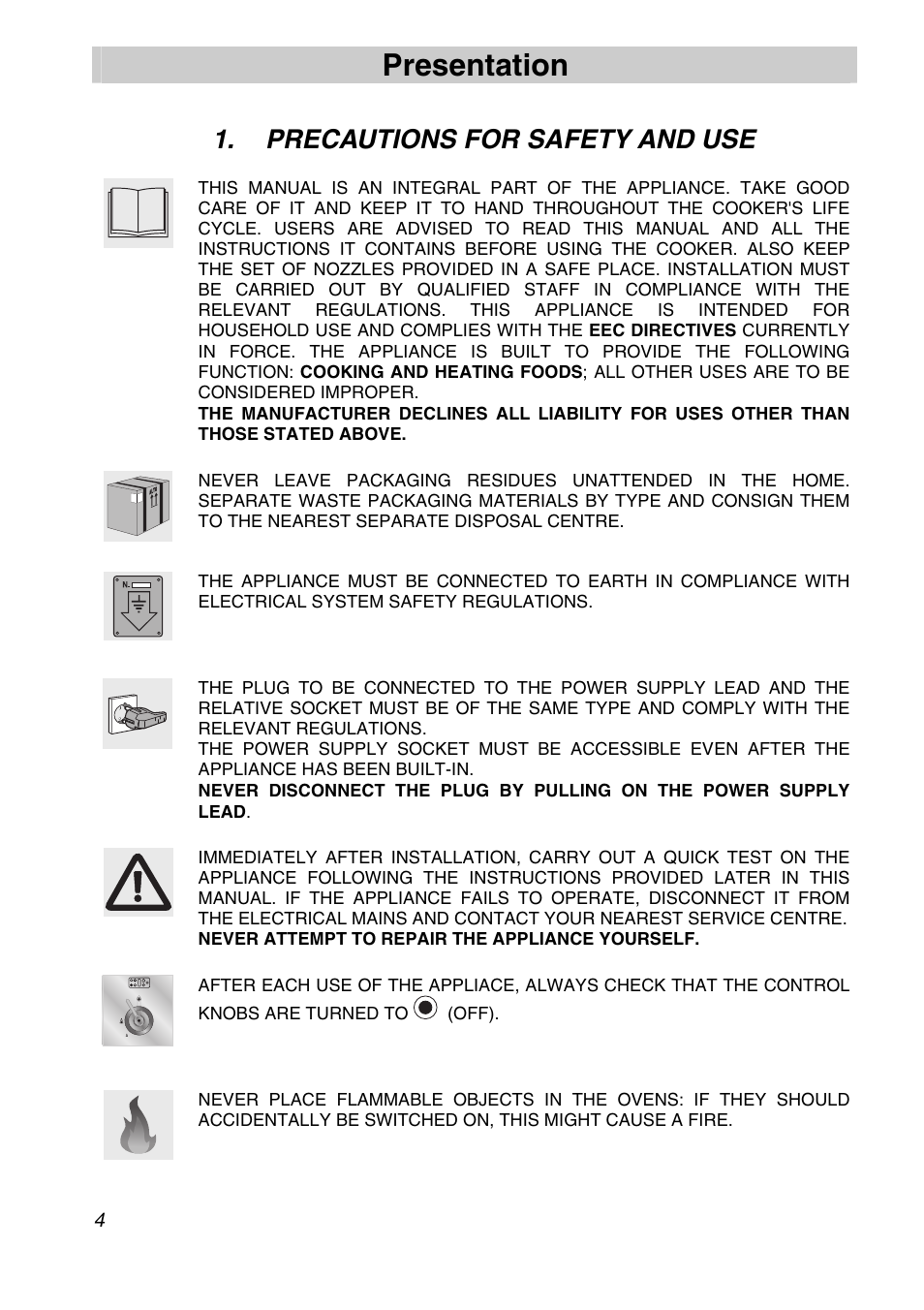 Precautions for safety and use, Presentation | Smeg Freestanding Cooker CSA150X-6 User Manual | Page 2 / 40