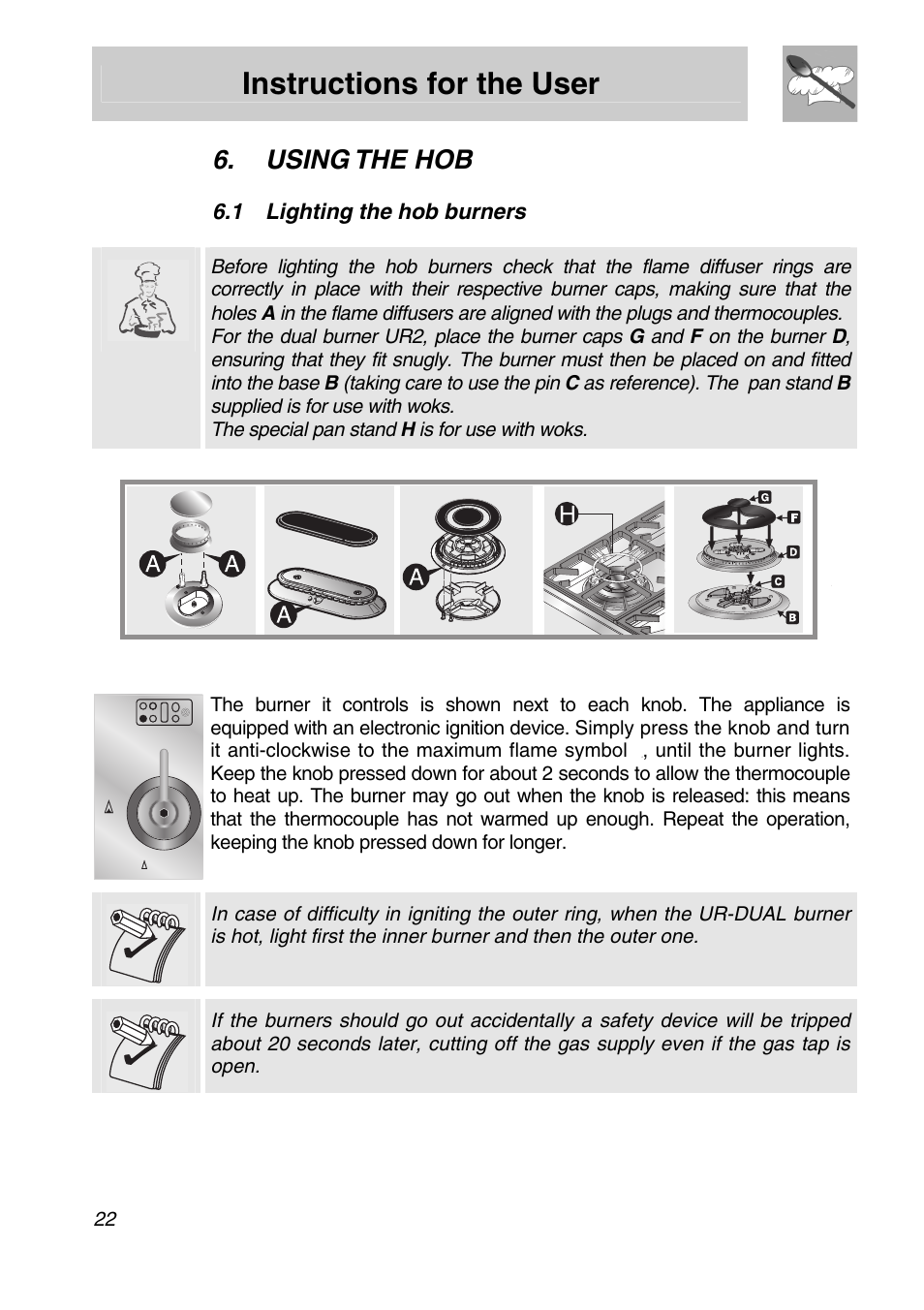 Using the hob, 1 lighting the hob burners, Instructions for the user | Lighting the hob burners | Smeg Freestanding Cooker CSA150X-6 User Manual | Page 20 / 40