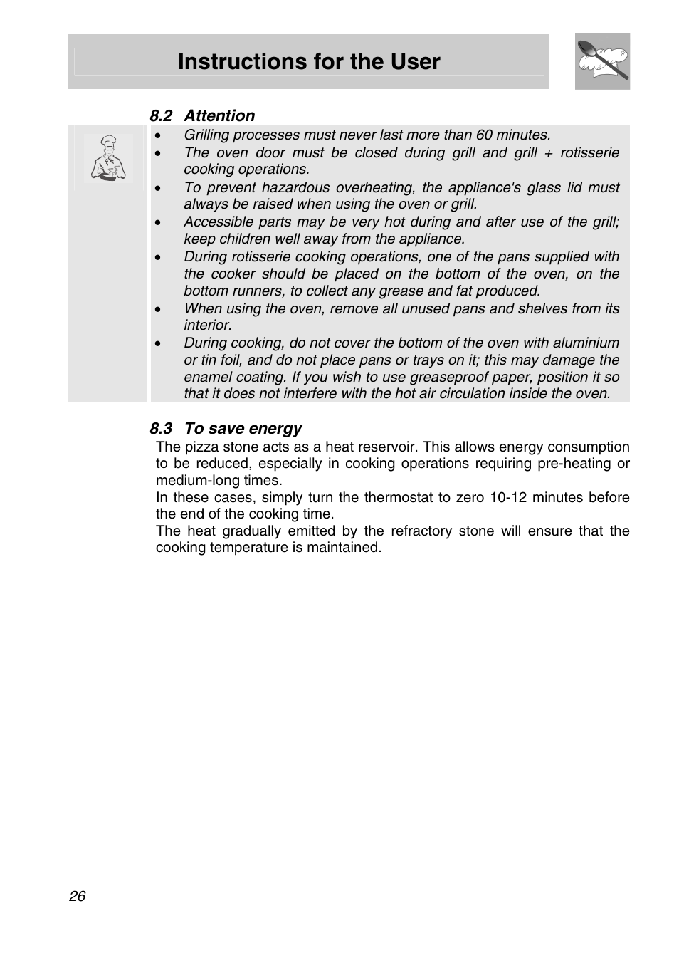 Attention, 3 to save energy, Instructions for the user | Smeg Freestanding Cooker CSA150X-6 User Manual | Page 24 / 40