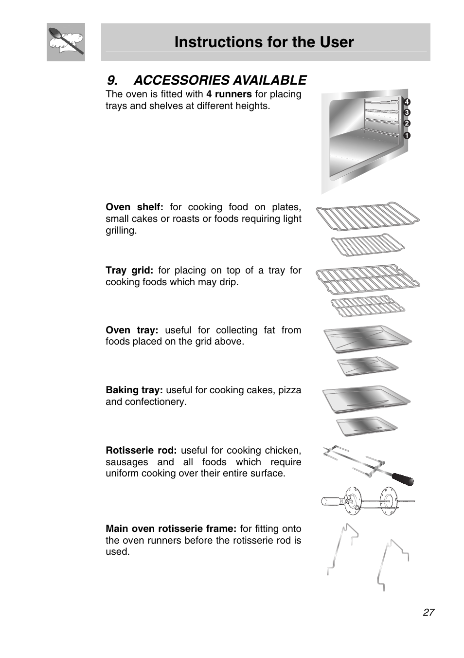 Accessories available, Instructions for the user | Smeg Freestanding Cooker CSA150X-6 User Manual | Page 25 / 40
