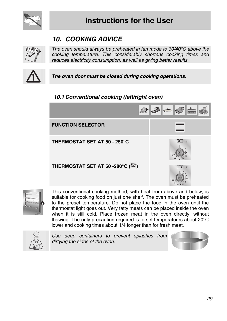 Cooking advice, 1 conventional cooking (left/right oven), Instructions for the user | Smeg Freestanding Cooker CSA150X-6 User Manual | Page 27 / 40