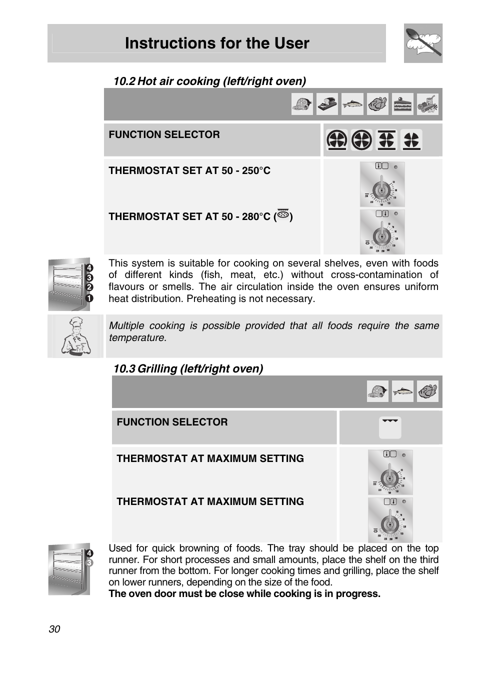 2 hot air cooking (left/right oven), 3 grilling (left/right oven), Instructions for the user | Function selector, Thermostat at maximum setting | Smeg Freestanding Cooker CSA150X-6 User Manual | Page 28 / 40