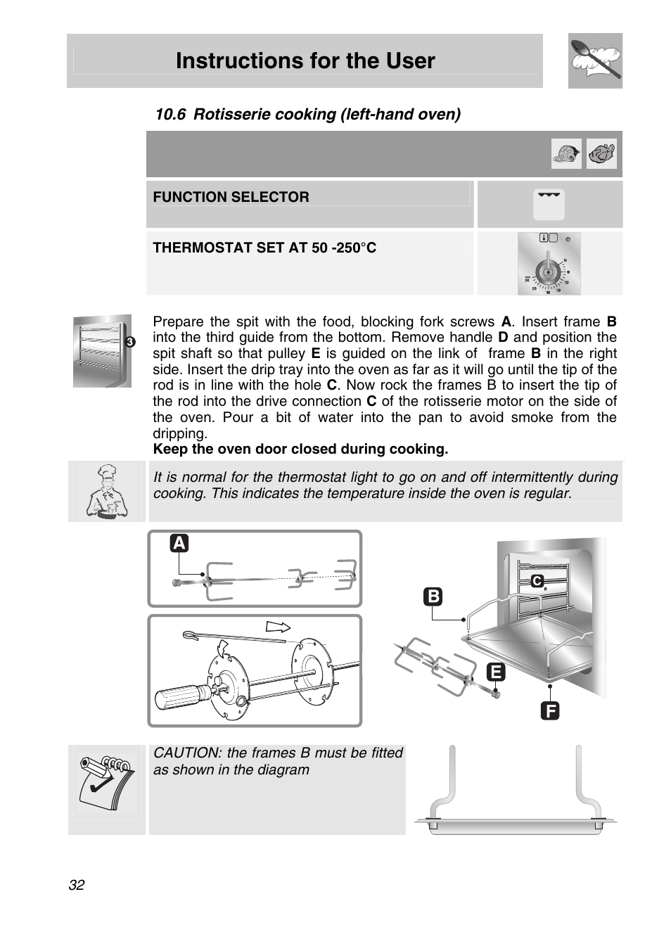 6 rotisserie cooking (left-hand oven), Instructions for the user, Function selector | Smeg Freestanding Cooker CSA150X-6 User Manual | Page 30 / 40
