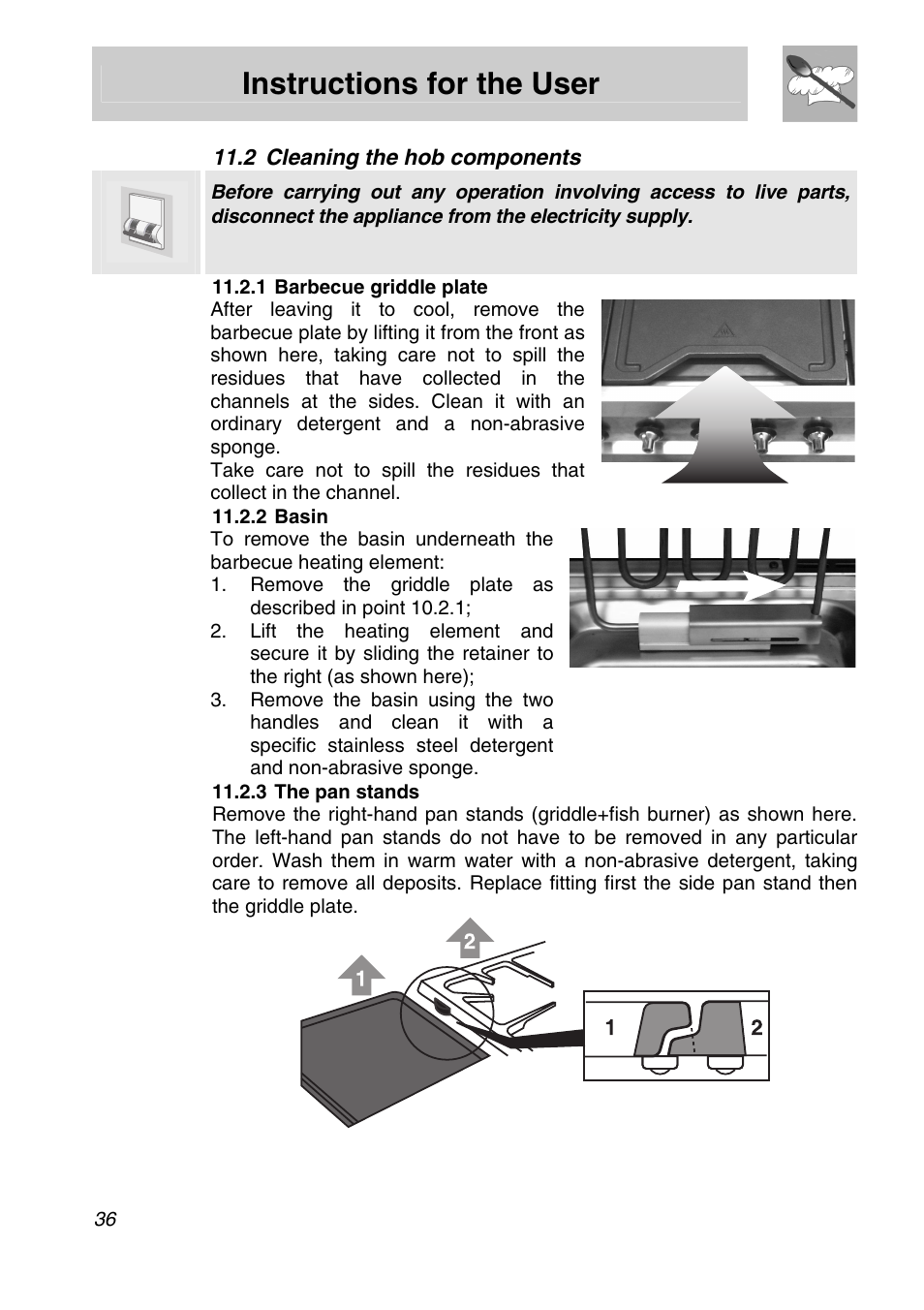 Cleaning the hob components, 1 barbecue griddle plate, Basin | 3 the pan stands, Instructions for the user | Smeg Freestanding Cooker CSA150X-6 User Manual | Page 34 / 40